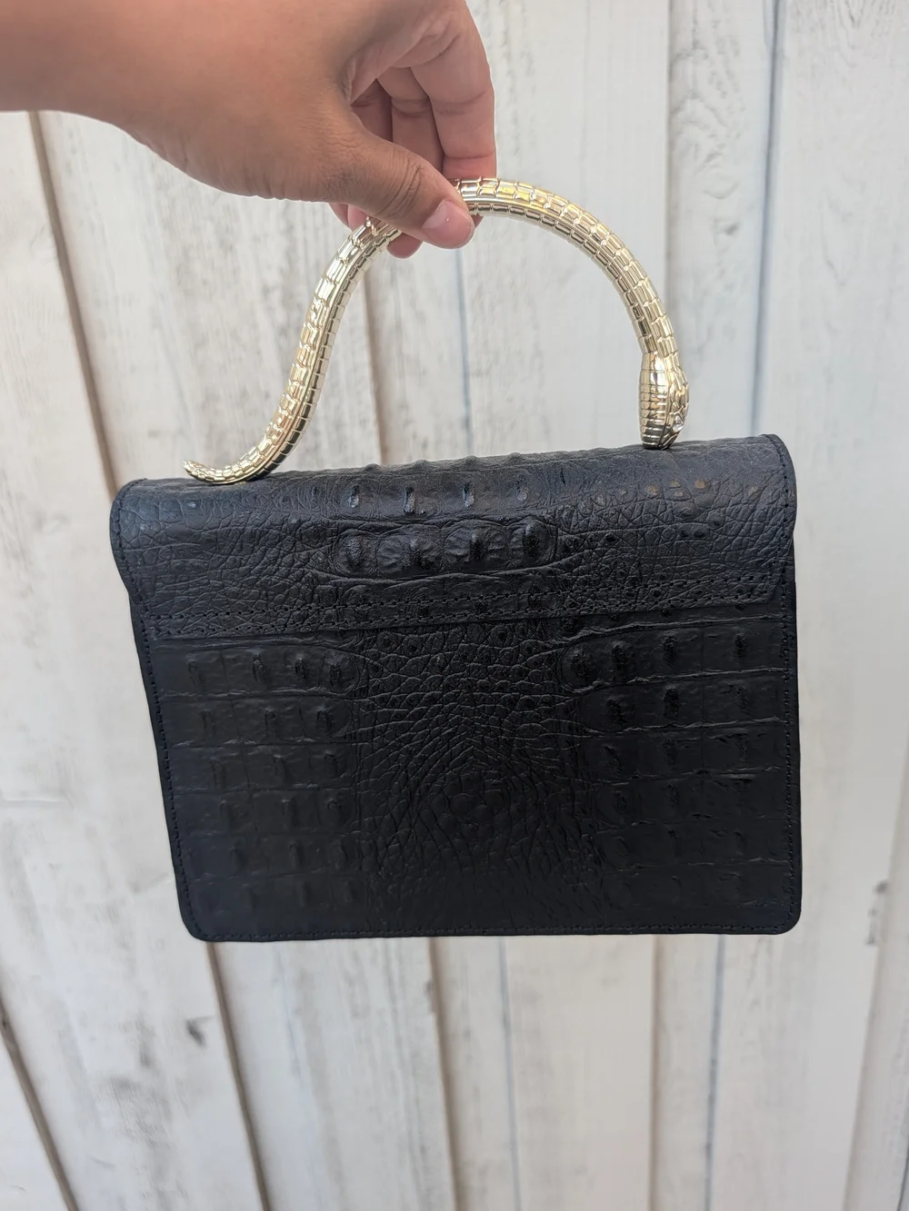 House of Harlow 1960 Black Croc-Embossed Leather Satchel with Snake Gold Handle
